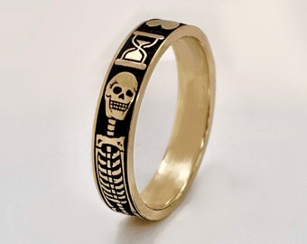 Yellow Gold Gothic Ring, Memento Mori Jewelry, Mourning Ring,  Skeleton Ring, memorial ring, Free Inside Ring Engraving