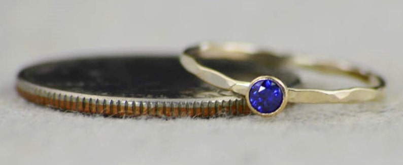 Dainty Gold Filled Sapphire Ring, Hammered Gold, Stacking Rings, Mother's Ring, September Birthstone Ring, Stackable Ring, Rustic Sapphire image 3