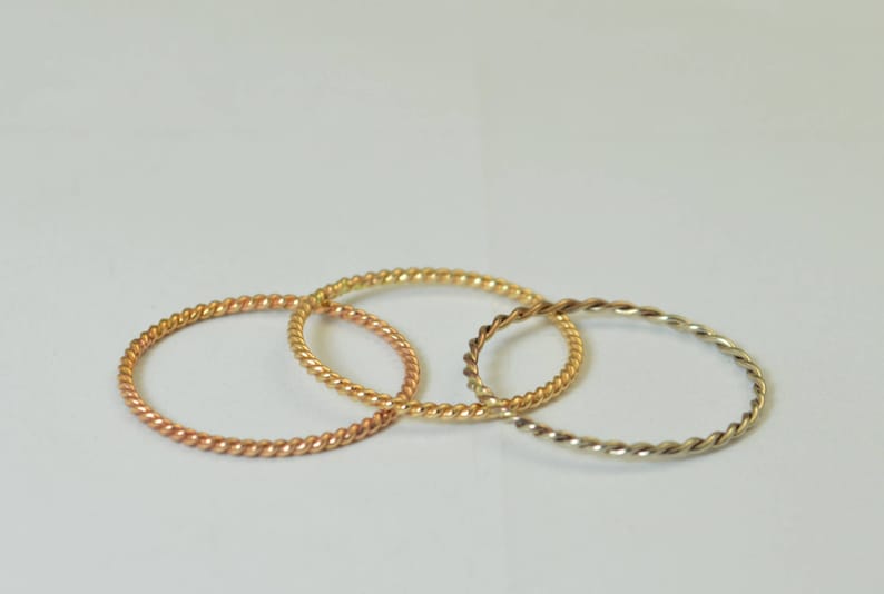 Set of 3 14k Gold Rings, Rose Gold, Yellow Gold, White Gold, Thin Stacking Ring Set, Spiral Rings, 3 Ring Set, Unique Wedding Ring Set image 3