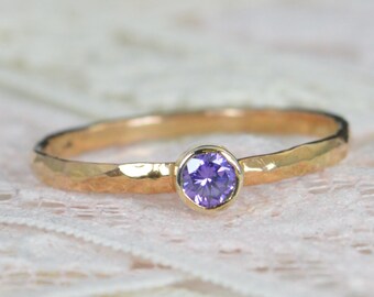 Amethyst Engagement Ring, 14k Rose Gold, Amethyst Wedding Ring Set, Rustic Wedding Ring Set, February Birthstone, Solid 14k Amethyst Ring