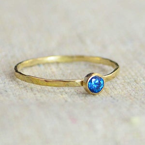 Dainty Gold Filled Blue Zircon Ring, Hammered Gold, Stackable Rings, Mother's Ring, December Birthstone Ring, Skinny Ring, Rustic BlueZircon image 1