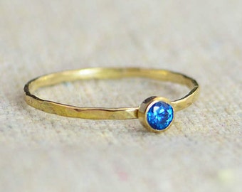 Dainty Gold Filled Blue Zircon Ring, Hammered Gold, Stackable Rings, Mother's Ring, December Birthstone Ring, Skinny Ring, Rustic BlueZircon