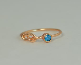 14k Blue Zircon Infinity Ring,14k Rose Gold, Stackable Rings, Mothers Ring, December Birthstone, Rose Gold Infinity Ring,Rose Gold Knot Ring