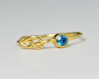 14k Blue Zircon Infinity Ring, 14k Gold Ring, Stackable Rings, Mother's Ring, December Birthstone Ring, Gold Infinity Ring, Gold Knot Ring