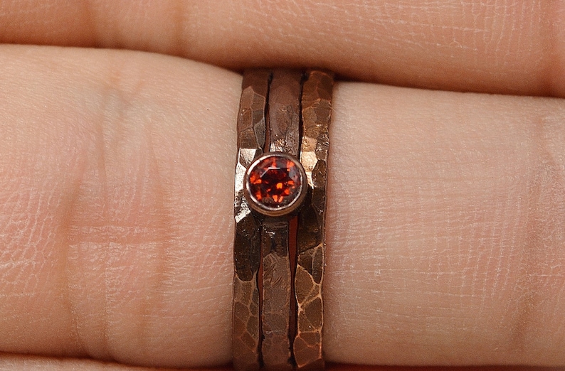 Bronze Copper Garnet Ring, Classic Size, Stackable Rings, Mother's Ring, January Birthstone, Copper Jewelry, Garnet Ring, Pure Copper Band image 2