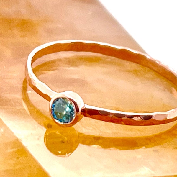 Dainty Rose Gold Filled Aquamarine Ring, Hammered Rose Gold, Stacking Rings, Mothers Ring, March Birthstone Ring, Aquamarine Ring