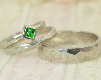 Square Emerald Engagement Ring, 14k White Gold, Emerald Wedding Ring Set, Rustic Wedding Ring Set, May Birthstone, Solid Gold, Emerald Ring