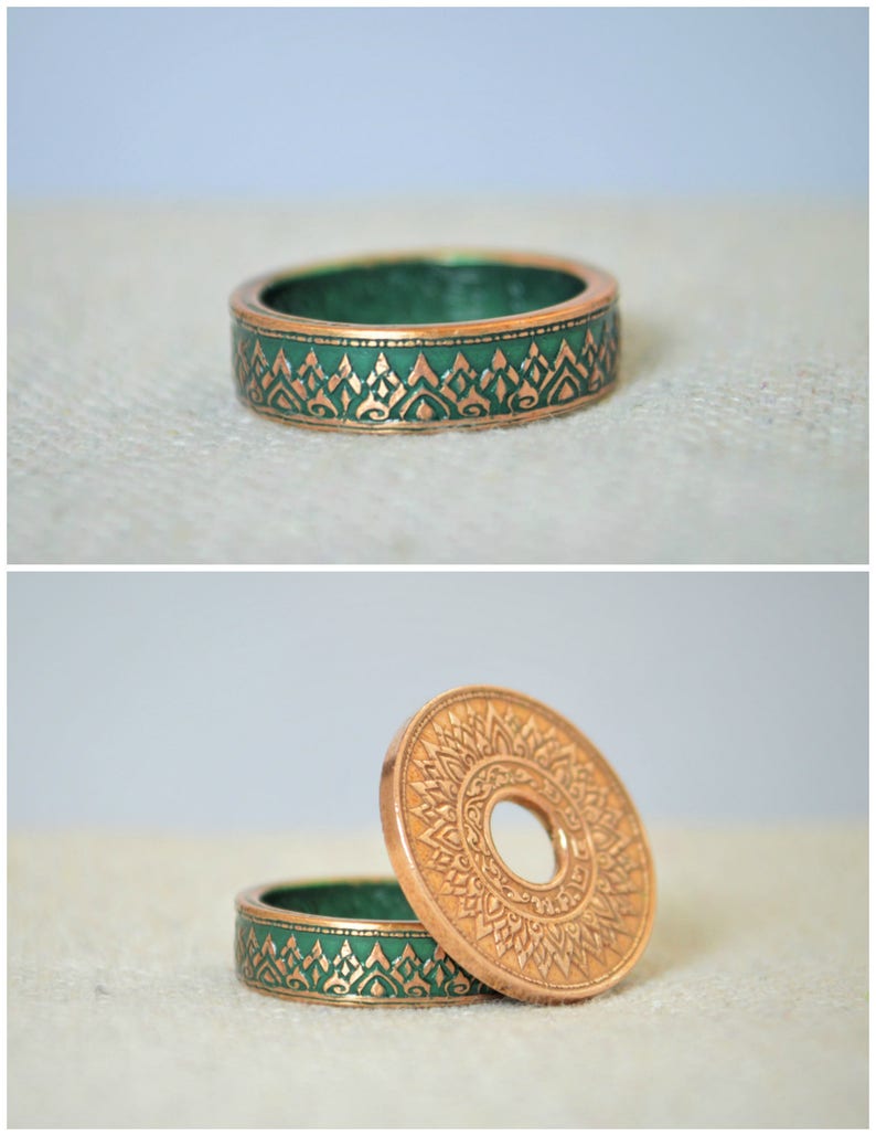 Thailand Coin Ring, Green Ring, Thai Coin Ring, Crown Ring, Unique Ring, Green BoHo Ring, Coin Jewelry, Bohemian Ring, Thailand, Coin Ring image 1