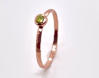 Dainty 14k Rose Gold Filled Peridot Ring, Hammered Rose Gold, Stackable Rings, Mother's Ring, August Birthstone Ring, Rustic Peridot Ring