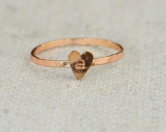 Tiny Golden Rose Heart Ring, Sterling Silver, Golden Rose Ring, Personalized Heart Ring, Initial Heart Ring, Initial Ring, BFF Ring, Copper