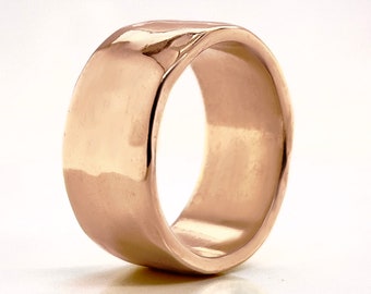 9mm Wide Solid Rose Gold Hammered Wedding Band, Choose 10k, 14k, or 18k Rose Yellow Gold, Rustic Wedding Ring, Heavy Rose Gold Ring