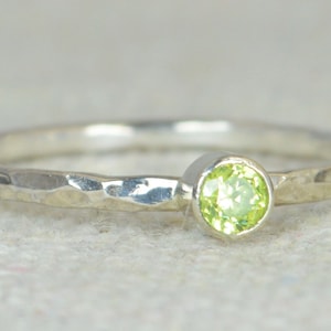 Dainty Peridot Ring, Hammered Silver, Stackable Rings, Mother's Ring, August Birthstone Ring, Skinny Ring, Birthday Ring image 1