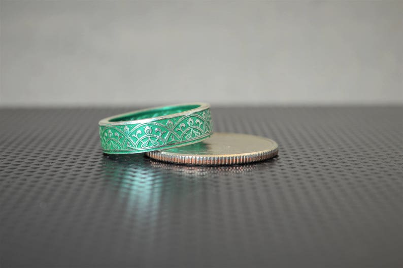 Moroccan Coin Ring, Green Coin Ring, Stained Glass Ring, Green Ring, Coin Art, Morocco, Silver Coin Ring, Moroccan Art, Boho Ring, Green image 5