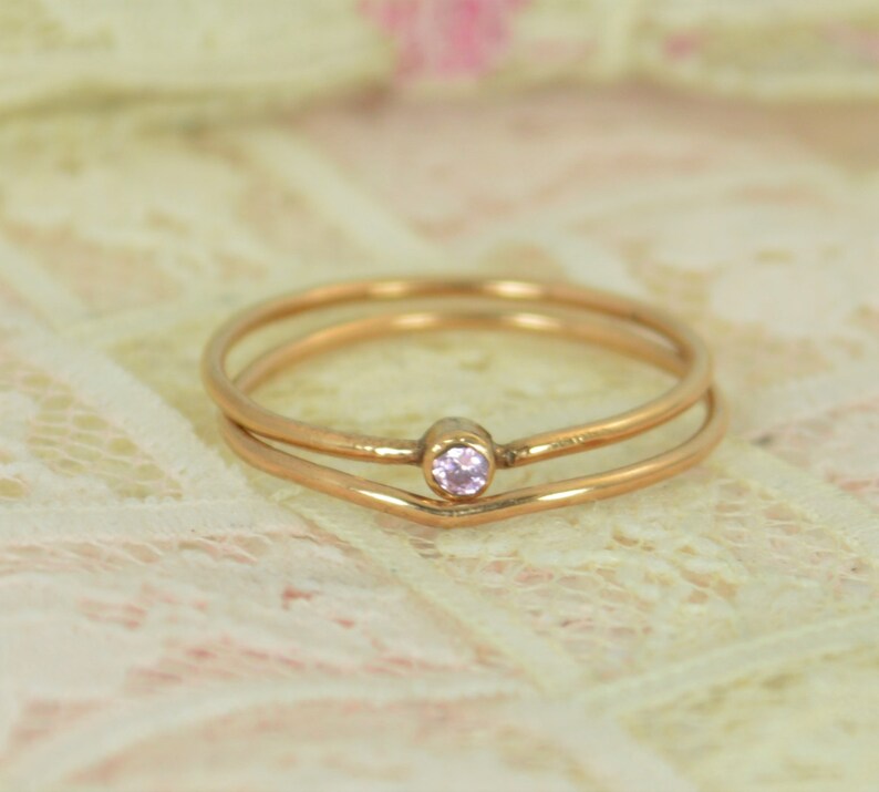 Tiny Pink Tourmaline Ring Set, Solid 14k Rose Gold Wedding Set, Stacking Ring, 14k Gold Tourmaline Ring, October Birthstone, Bridal Set image 3