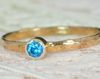 Blue Topaz Engagement Ring, 14k Rose Gold, Blue Topaz Wedding Ring Set, Rustic Wedding Ring Set, December Birthstone, Solid 14k Ring