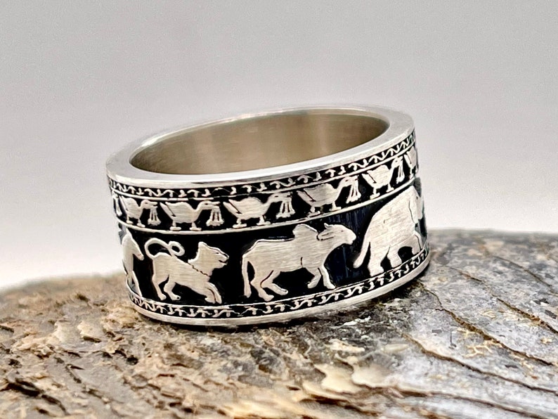 Buddhist Statement Ring, animal Ring, Heavy Sterling Silver Ring. 8mm Wide Ring, Sri Lanka Art Ring, 10mm wide Unique Unisex Wedding Band. image 3