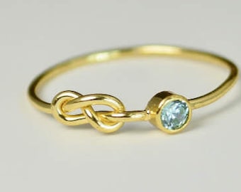 14k Gold Aquamarine Infinity Ring, 14k Gold Ring, Stackable Rings, Mother's Ring, March Birthstone, Gold Infinity Ring, Gold Knot Ring