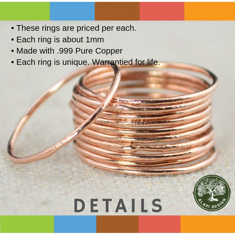 Thin Round Copper Stacking Ring, Pure Copper, Copper Stacking Ring, Copper Jewelry, Dainty Copper Ring, Copper boho Ring, arthritis ring image 2