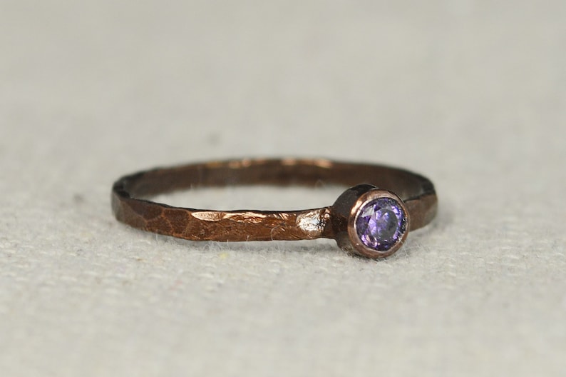 Bronze Copper Amethyst Ring, Classic Size, Stackable Rings, Mothers Ring, February Birthstone, Copper Jewelry, Solitaire, Pure Copper, Band image 1