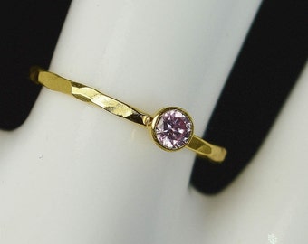 Dainty Solid 14k Gold Pink Tourmaline Ring, 3mm gold solitaire, solitaire ring, real gold, October Birthstone, Mothers RIng, Solid gold band