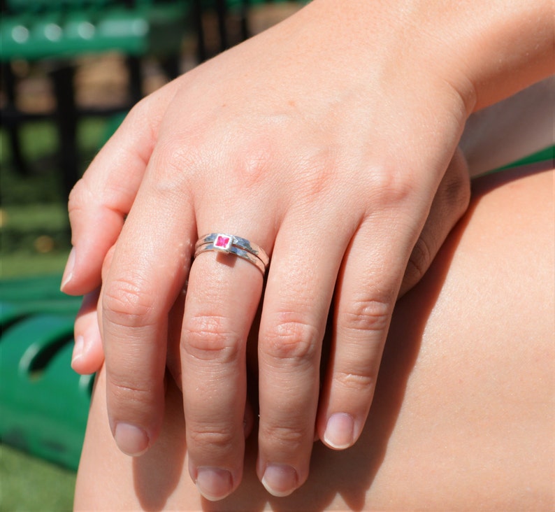 Square Ruby Ring, Ruby Solitaire, Ruby Silver Ring, July Birthstone Ring, Square Stone Mothers Ring, Silver Band, Square Stone Ring image 1