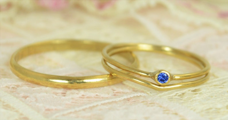 Tiny Sapphire Ring Set, Solid 14k Gold Wedding Set, Stacking Ring, Solid 14k Gold Sapphire Ring, September Birthstone, Bridal Set, Gold image 3