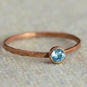 Dainty Copper Aquamarine Ring, Hammered Copper, Stackable Rings, Mother's Ring, March Birthstone, Copper Ring, Copper Aquamarine Ring