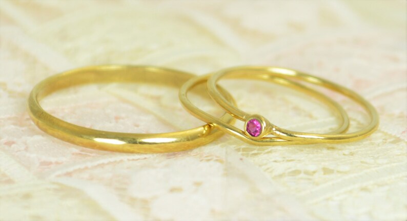 Tiny Ruby Ring Set, Solid Gold Wedding Set, Stacking Ring, Solid 14k Gold Ruby Ring, July Birthstone, Bridal Set, Gold, Engagement Rings image 3