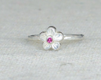 Small Flower Ruby Ring, Silver Ruby Ring, Flower Ring, Forget Me Not, Flower Jewelry, Sterling Flower Ring, Ruby floral ring