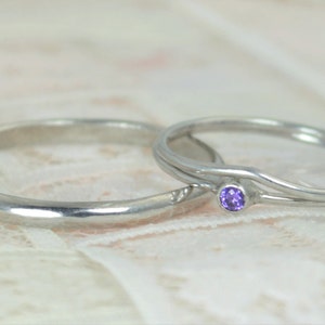 Tiny Amethyst Ring Set, Solid White Gold Wedding Set, Amethyst Stacking Ring, White Gold Amethyst Ring, Bridal Set, February Birthstone image 3