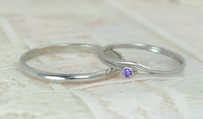 Tiny Amethyst Ring Set, Solid White Gold Wedding Set, Amethyst Stacking Ring, White Gold Amethyst Ring, Bridal Set, February Birthstone image 3