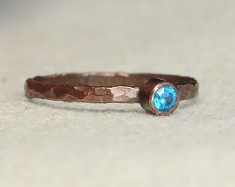 Bronze Copper Blue Zircon Ring, Classic Size, Stackable Rings, Mother's Ring, December Birthstone, Copper Jewelry, Pure Copper, Band