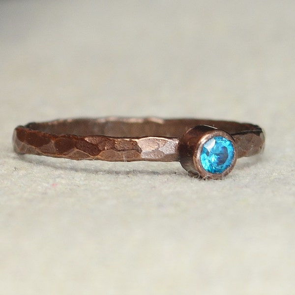 Bronze Copper Blue Zircon Ring, Classic Size, Stackable Rings, Mother's Ring, December Birthstone, Copper Jewelry, Pure Copper, Band