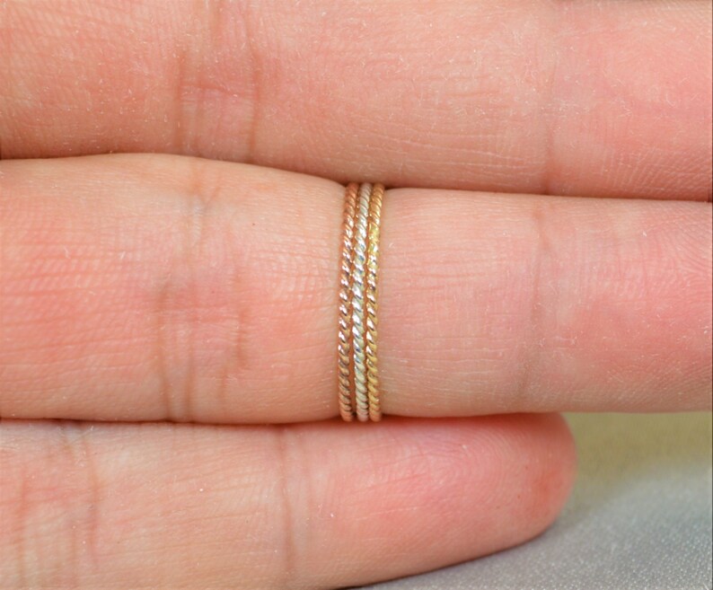 Set of Silver and Yellow and Rose Gold Filled Thin Stacking Ring Set, Spiral Rings, Silver Ring, Stacking Rings, Yellow Gold Rings, Ring Set image 2