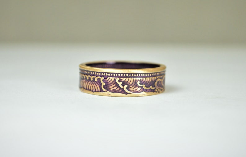 Japanese Coin Ring, Purple Ring, Wave Ring, Japanese Art, Brass Ring, Purple band. unique ring, bohemian ring, Art nouveau, 21st anniversary image 4