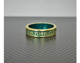 New York City Coin Ring, Brass Coin Ring, New York City jewelry, Subway Token Ring, Turquoise and Gold Ring, New York Gift, NYC Ring