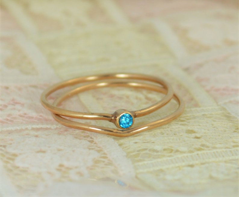 Tiny Blue Topaz Ring Set, Solid 14k Rose Gold Wedding Set, Stacking Ring, Solid 14k Gold Ring, December Birthstone, Bridal Set, Blue Topaz image 3