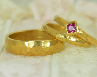 Square Ruby Engagement Ring, 14k Gold, Ruby Wedding Ring Set, Rustic Wedding Ring Set, July Birthstone, Solid Gold, Gold Ruby Ring