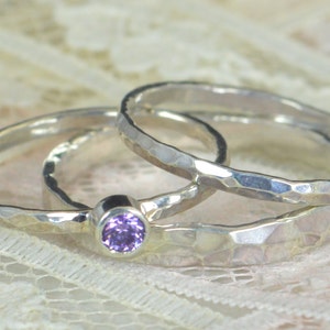 Amethyst Engagement Ring, Sterling Silver, Amethyst Wedding Ring Set, Rustic Wedding Ring Set, February Birthstone, Sterling Silver Ring image 3