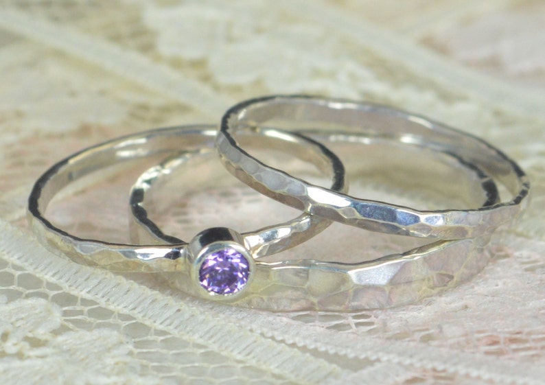 Amethyst Engagement Ring, Sterling Silver, Amethyst Wedding Ring Set, Rustic Wedding Ring Set, February Birthstone, Sterling Silver Ring image 3