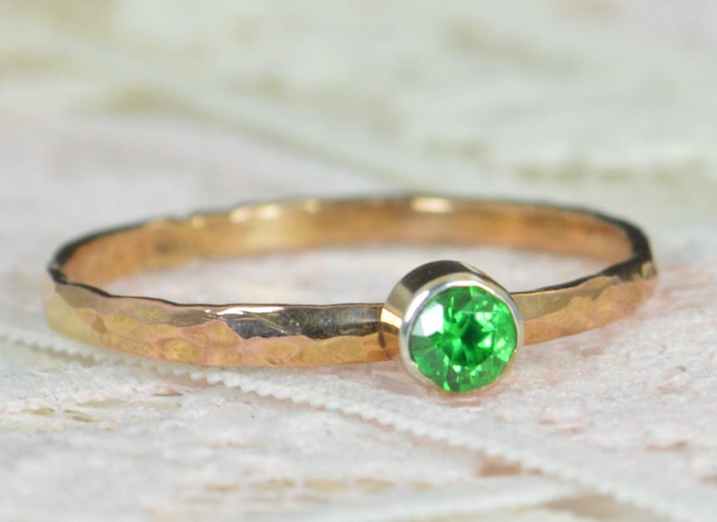 Emerald Engagement Ring, 14k Rose Gold, Emerald Wedding Ring Set, Rustic Wedding Ring Set, May Birthstone, Solid 14k Emerald Ring image 1