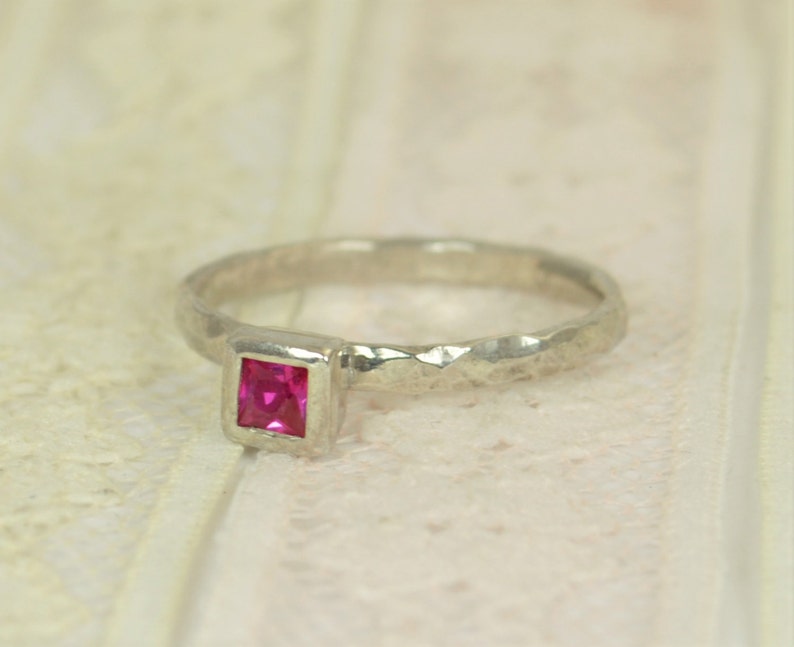 Square Ruby Engagement Ring, 14k White Gold, Ruby Wedding Ring Set, Rustic Wedding Ring Set, July Birthstone, Solid Gold, Gold Ruby Ring image 2
