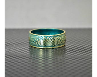 Turquoise Los Angeles Coin Ring, Turquoise Ring, LA Coin Ring,  Unusual Ring, Brass Ring, Coin Art, Los Angeles Art, Brass Band, Coin Ring