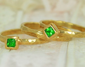 Square Emerald Engagement Ring, Gold Filled, Emerald Wedding Ring Set, Rustic Wedding Ring Set, May Birthstone, Gold Filled, Emerald Ring