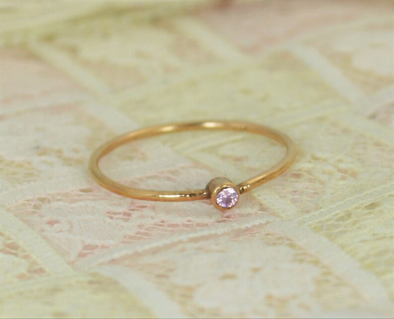 Tiny Pink Tourmaline Ring Set, Solid 14k Rose Gold Wedding Set, Stacking Ring, 14k Gold Tourmaline Ring, October Birthstone, Bridal Set image 2