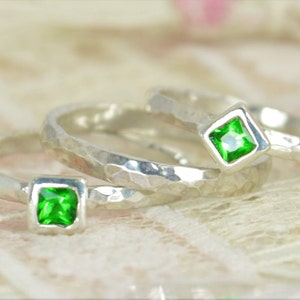 Square Emerald Engagement Ring, Sterling Silver, Emerald Wedding Ring Set, Rustic Wedding Ring Set, May Birthstone, Sterling Silver Emerald image 3