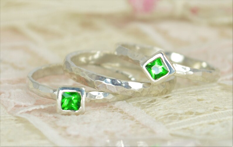 Square Emerald Engagement Ring, Sterling Silver, Emerald Wedding Ring Set, Rustic Wedding Ring Set, May Birthstone, Sterling Silver Emerald image 3