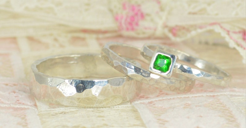 Square Emerald Engagement Ring, Sterling Silver, Emerald Wedding Ring Set, Rustic Wedding Ring Set, May Birthstone, Sterling Silver Emerald image 2