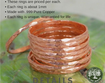 Super Thin Copper Stackable Ring(s), Copper Ring, Skinny Ring, Copper Band, Pure Copper Ring, Hammered Copper Ring, Arthritis Ring, Ring