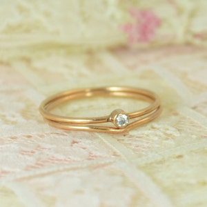 Tiny Diamond Ring Set, Solid 14k Rose Gold Wedding Set, Diamond Stacking Ring, Gold Diamond Ring, April Birthstone, Bridal Set, Diamond image 3